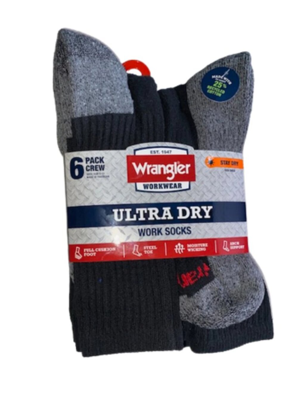 Wrangler Workwear 6 Pair Men's Ultra Dry Work Crew Socks